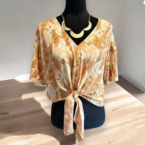 LUQ Rhee Tie Front Top Size Small v‎ neck wrinkle gauze doleman sleeve tan trop
